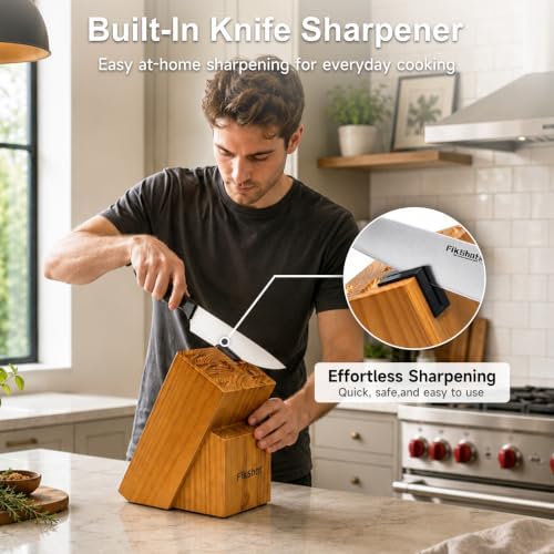 FikShot 15-Piece Kitchen Knife Set with Block & Built-In Sharpener
