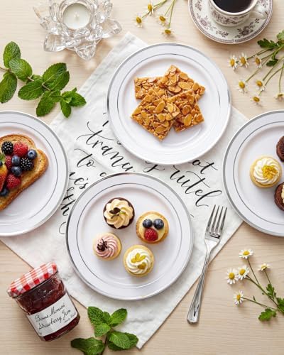 bUCLA 100Pieces Silver Plastic Plates - 6.25inch White with Silver Rim Disposable Salad/Dessert/Appetizer/Small Cake Plates for Weddings, Parties&Gathering