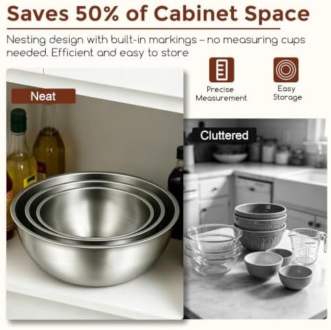 Gronivex Stainless Steel Mixing Bowls Set, 3-Piece (1.5, 2.2 & 3.4 Qt)