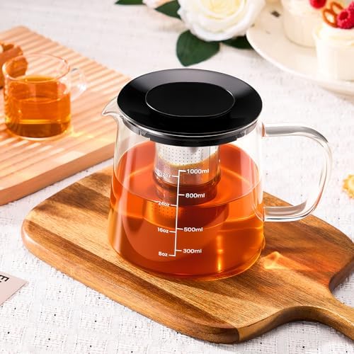 PARACITY Tea Pot with Infuser, Clear Stovetop Glass Tea Kettle with Scale