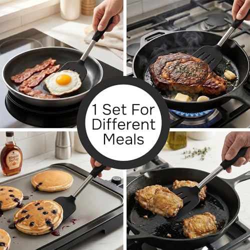 Silicone Spatula Set (2-Pc) - 600°F Heat Resistant, BPA-Free, Non-Scratch, Dishwasher Safe I Slotted & Solid Kitchen Spatula Turner I Ideal for Eggs, Pancakes, Fish I Stainless Steel I Black