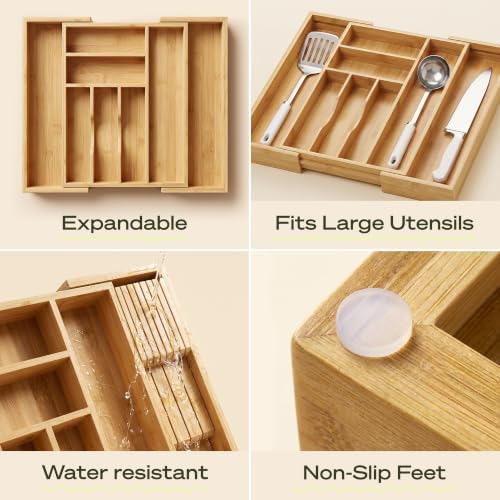 Drawer Organizer for Kitchen Organization – Expandable Bamboo Silverware Drawer Organizer with Removable Knife Block, Bamboo Cutlery, Non-Slip Utensil Organizer with 7-Slot Knife Storage for Flatware
