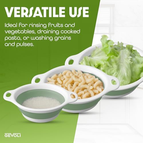 Collapsible Colanders (2 Pack Set) Food Strainers with Over-Sink Water Draining Base for Pasta Fruits and Vegetables (4 and 5 Quart) - White/Sage
