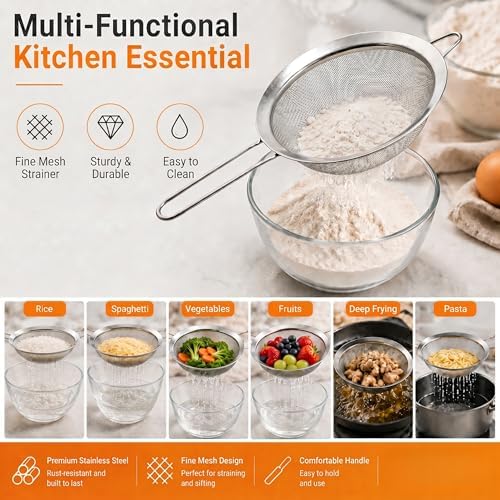 HiramWare Fine Mesh Strainer, Medium Stainless Steel Colander with Handle, Sieve for Pasta, Rice, Quinoa, Spaghetti, Fruits, Berry, Flour, Veggies, Metal Sifter for Kitchen