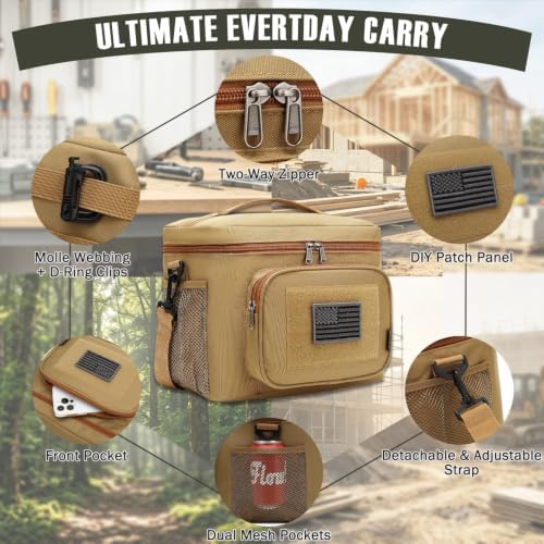 FlowFly Lunch Bag, Insulated Cooler, Thermal Lunch Box Tote with MOLLE/PALS Webbing, Adjustable Padded Shoulder Strap, for Tactical Men Women Adults and Boys Girls Kids (Brown, Large)