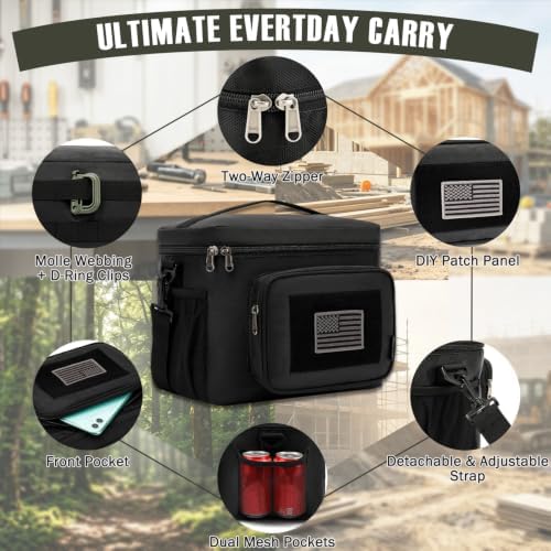 FlowFly Tactical Lunch Bag Large Insulated Lunch Box Cooler Tote for Men, Women with MOLLE/PALS Webbing (Black, Large)