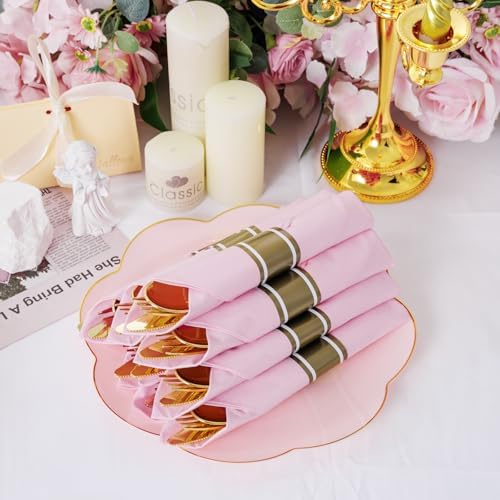 Supernal 30 Pack Gold Plastic Silverware Set with Pre Rolled Pink Napkin