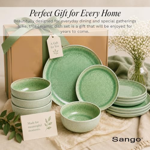 Sango Asher 12-Piece Stoneware Dinnerware Set for 4, Green Ceramic Plates and Bowls Sets, Modern Dish Set with Reactive Glaze, Durable Kitchen Dishes for Casual Dining, Microwave & Dishwasher Safe