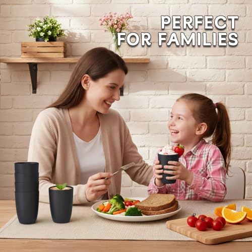 Wrova Wheat Straw Cups 6 PCS Good Alternative to Plastic Reusable Cups 12 oz Unbreakable Drinking Cup Reusable Dishwasher Safe Water Plastic Glasses Black