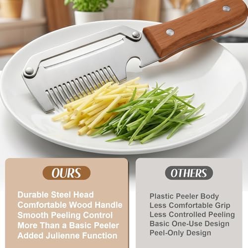 2026 Upgrade Vegetable Peeler With Wooden Handle, Stainless Steel Wide Blade Potato and Carrot Peeler, 3-in-1 Veggie Peeler With Scallion Shredder and Bottle Opener for Kitchen, Camping and Travel