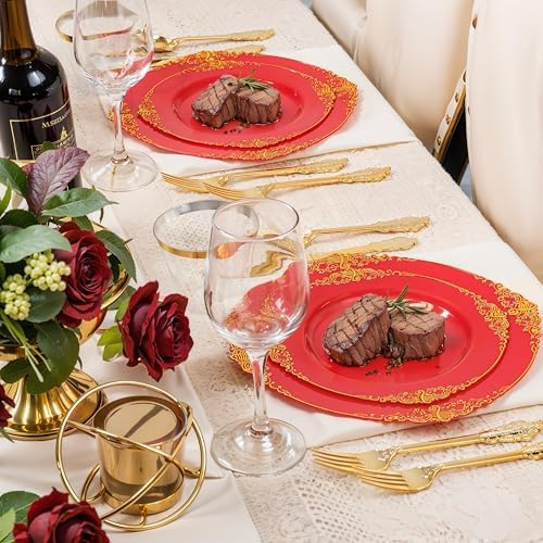 Nervure 350Pcs Red Plastic Plates, Disposable Dinnerware Set for 50 Guests