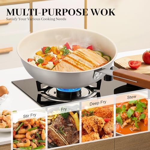 MARSKITOP Ceramic Wok with Lid, 9.5 Inch Stainless Steel Nonstick Stir Fry Pan with Wooden Handle, Compatible with All Stovetops, PFAS Free