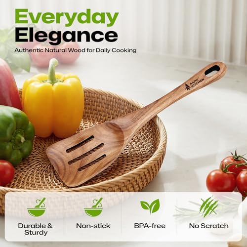 AIUHI Wooden Slotted Spatula for Cooking, Non Toxic Teak Wood Spatula Turner, Slotted Spatula for Cooking with Thick Handle, Comfortable Grip, Heat Resistant and Non Stick