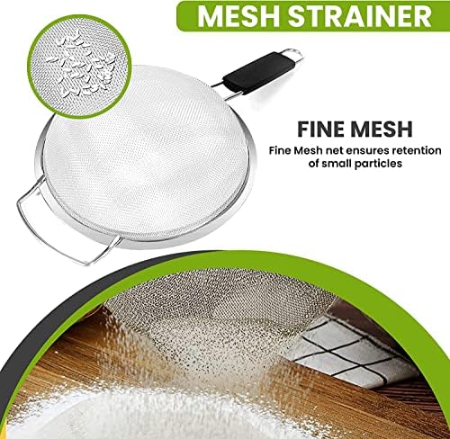 9" Large Extra Fine Mesh Strainer with Thermo Plastic Rubber Handle - Sieve Fine Mesh Stainless Steel - Ideal to Strain Pasta, Quinoa and Rice