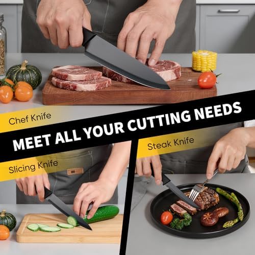 E-far Knife Set, 15-Piece Kitchen Knife Block Set with Sharpener, Black