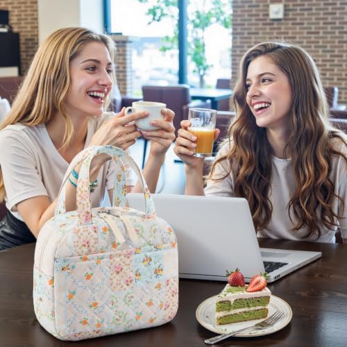 WOBAGMEN Quilted Lunch Box for Women,Coquette Aesthetic Lunch Box for Teen Girls,Cute Floral Lunch Bags for Work, School,Office,Picnic,Travel (coloful floral)