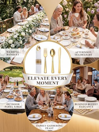 Supernal 30 Pack Pre Rolled Gold Plastic Silverware, Linen Feel Napkins