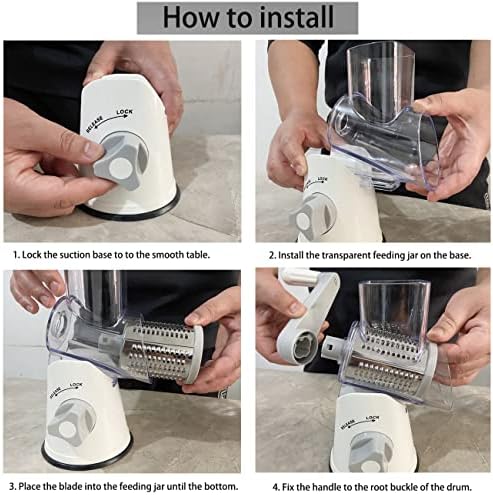 Handheld Rotary Cheese Grater Shredder- 3 Interchangeable Stainless Steel Drum Blades Manual Round Mandolin Vegetable Slicer Nut Grinder with Upgraded Strong Suction Base & Free Sharp Peeler, White