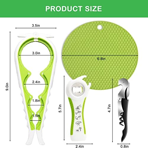 Jar Opener for Weak Hands, Seniors with Arthritis, 5 in 1 Multi Function Bottle Opener Lid Opener For Arthritic Hands with Non Slip Rubber Jar opener Gripper Pad and Corkscrew Wine Opener(GREEN)