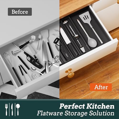 Bamboo Expandable Silverware Drawer Organizer 11 Slots Utensil Holder Black