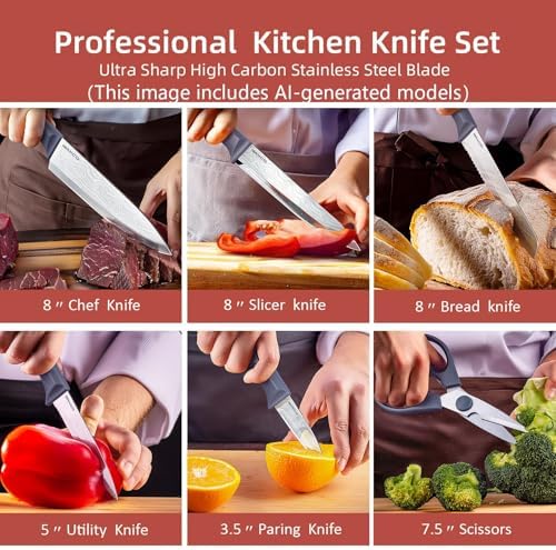RAXCO Kitchen Knife Set,10-Piece Stainless Steel Knife Set with Block,Gray