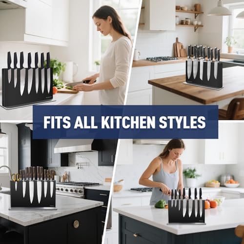 Magnetic Knife Block Without Knives—Black Stainless Steel Double-Sided Magnetic Knife Holder Stand with Strong Magnets, Knife Storage Organizer for Kitchen Counter top, 16 inch