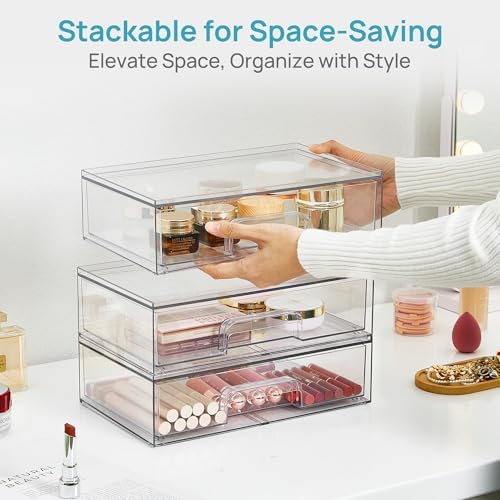 Vtopmart Clear Stackable Storage Drawers, 4 Pack Wide Plastic Organizers