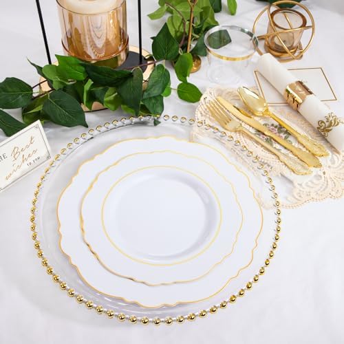 WDF Partyware 350 Pieces Gold Disposable Plates for 50 Guests, Plastic Plates for Party, Dinnerware Set of 50 Dinner Plates, 50 Salad Plate, 50 Spoons, 50 Forks, 50 Knives, 50 Cups for Wedding/Party