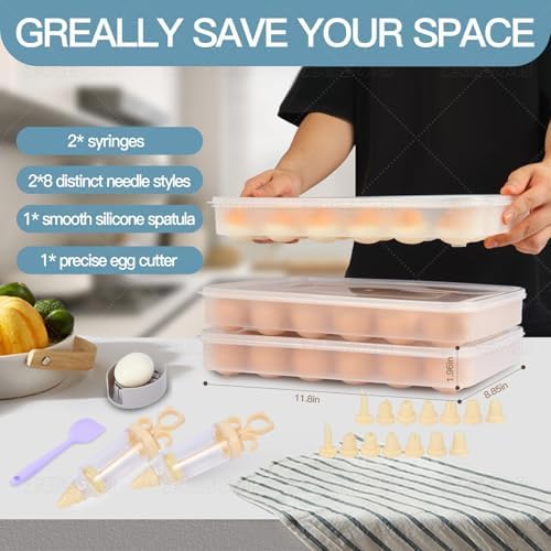 90 Deviled Egg Containers with Lid (Set 3),Plastic Easter Deviled Egg Tray Carrier with Handl Injector Piping Tool,Clear Storage Deviled Egg Platter Holder for Refrigerator Party Picnic Party Events