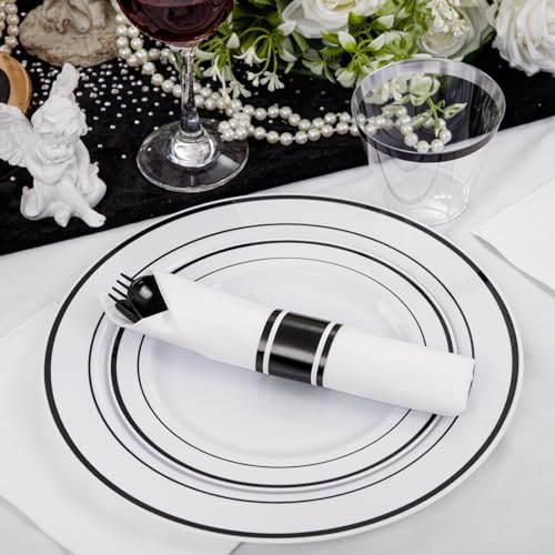 WELLIFE 350Pcs Black Plastic Dinnerware with Pre Rolled Napkins, Include:50 Dinner Plates, 50 Dessert Plates, 50 Paper Napkins, 50 Cups, 150 Plastic Cutlery