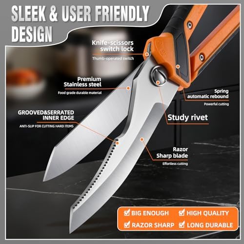 Chenovate® Heavy Duty Kitchen Scissors,Kitchen Shears with Knife & Scissor Switch Lock,Food Scissors Fit for Poultry Bones,Turkey,Meat Cutting,Veggies,Fish,Pizza(blue)