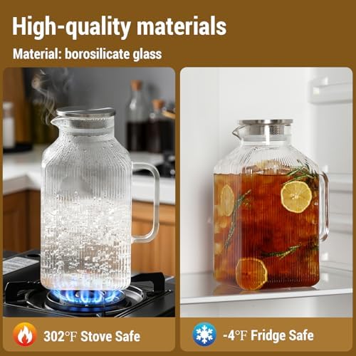 2 Pack 1 Gallon thickened Square Glass Pitcher with Lid, Classic Stripes Water Pitchers for Fridge, Borosilicate Glass Carafe for Hot/Cold Brew Drink, Extra Large Jug with Handle for Iced Tea, Coffee