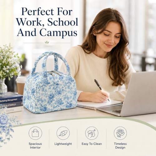 Bluboon Lunch Bag for Women Cute Corduroy Lunch Tote Bags with Shoulder Strap Reusable Insulated Lunch Box Large Capacity Reusable Insulated Cooler for Work Picnic or Travel