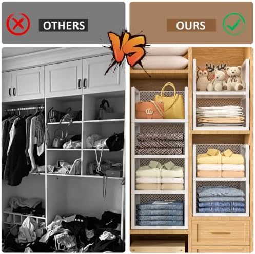 3 Pack Stackable Closet Organizers and Storage Basket, Wire Closet Shelf Organizer Storage Bins, Pull-Out Sweatshirt Organizer for Wardrobe Cupboard, Space-Saving Cube Clothes Storage Drawer, White