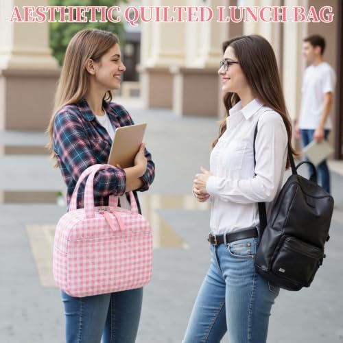 WOBAGMEN Quilted Lunch Box for Women,Coquette Aesthetic Lunch Box,Cute Pink Gingham Lunch Bags for Work,Office,Picnic,Travel(Pink Gingham)