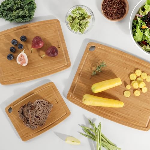 Lightweight Durable Bamboo Cutting Board Set with Non-Slip Feet, Wood Cutting Board for Busy Kitchen, Easy Clean Wooden Chopping Boards with Juice Groove Best House Warming Gift Set of 3 (S+M+L)