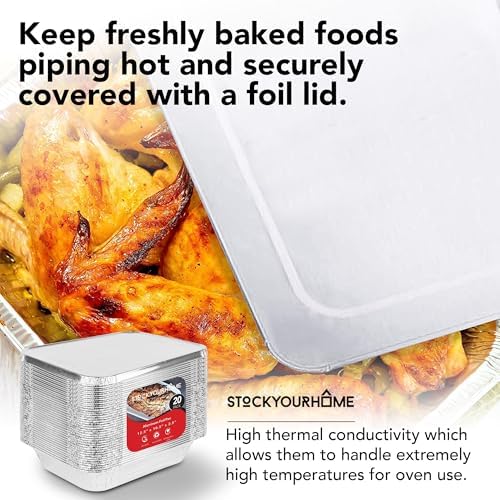 Stock Your Home Foil Pans with Lids - 9x13 Aluminum Pans with Covers - 20 Foil Pans and 20 Foil Lids - Disposable Food Containers Great for Baking, Cooking, Heating, Storing, Prepping Food Silver