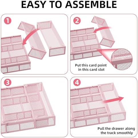 Marbrasse Expandable Desk Drawer Organizer, Mesh Tray with 10 Adjustable Compartments, Desk Organizers for Office Supplies, Makeup & Vanity (Expandable-Pink)