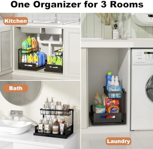REALINN Under Sink Organizer, L-Shaped Pull Out Cabinet Organizer, Kitchen
