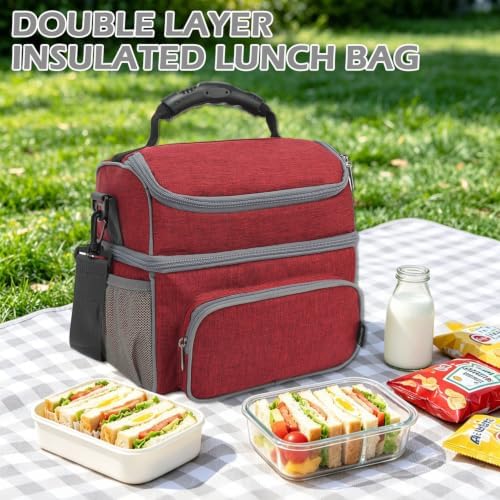 FlowFly Double Layer Cooler Insulated Lunch Bag Adult Lunch Box Large Tote Bag for Men, Women, With Adjustable Strap,Front Pocket and Dual Large Mesh Side Pockets