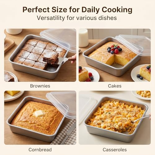E-far 8 x 8-Inch Baking Pan with lid, Square Cake Brownie Baking Pans Stainless Steel Bakeware Set of 2, Non-toxic & Healthy, Easy Clean & Dishwasher Safe - 4 Pieces(2 Pans + 2 Lids)