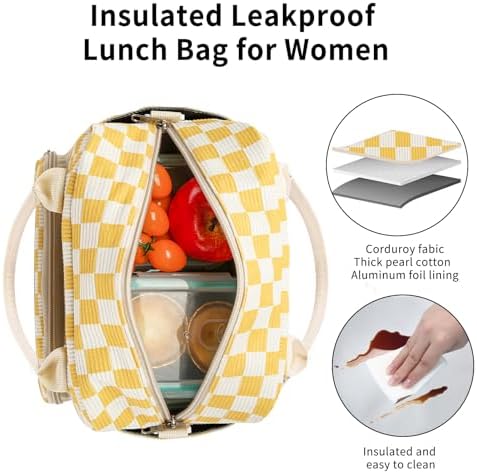 GASSDA Lunch Box for Women Insulated Lunch Bag Women Adult Cute Lunch Bags Reusable Lunchbox Cooler Tote Bag for Work Picnic (Yellow-Plaid)