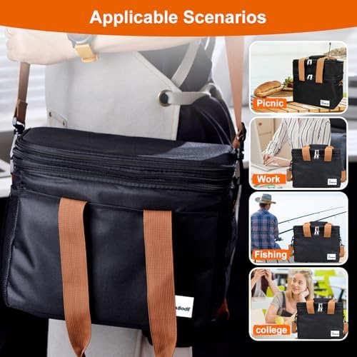 Lunch Bag Upgraded Insulated Lunch Box for Men and Women - 15-20L Expandable Double Deck, Leakproof Soft Cooler Bag with Side Tissue Pocket - Large Adult Lunch Tote for Work, Picnic, Beach (Black)