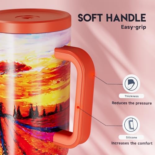 Meoky 40 oz Tumbler with Handle and Straw: Stainless Steel Insulated Tumbler with Lid and Straw - 100% Leak Proof Tumbler for Car Cup Holders - Travelers Commuters Workers, Red Floral