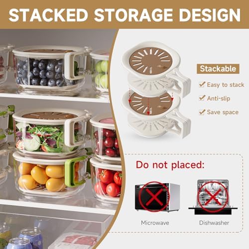 Fruit Vegetable Washing Bowl with Strainer, Berry Lettuce Keeper for Fridge Refrigerator Organization, Portable Colander for Kitchen Fridge, Drainer Container With Lid, 2 Pack (Brown)