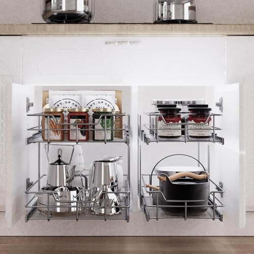 2 Tier Pull Out Cabinet Organizer 11" W X 22" D, Chromed, Full Slide Out