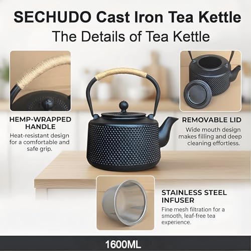 54oz Hobnail Cast Iron Teapot for Stovetop, Tea Kettle with Infuser for Loose Leaf, Tea Pot Suitable for Gas, Wood, Induction Stoves, Ideal for 3-5 People, Enhances Tea Flavor & Heat Retention