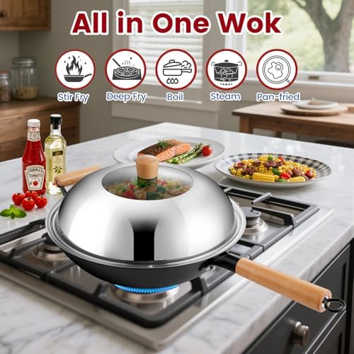 AOSION 13'' Nonstick Wok, Cast Iron Wok with Lid, Wok Pan & Stir-Fry Pans