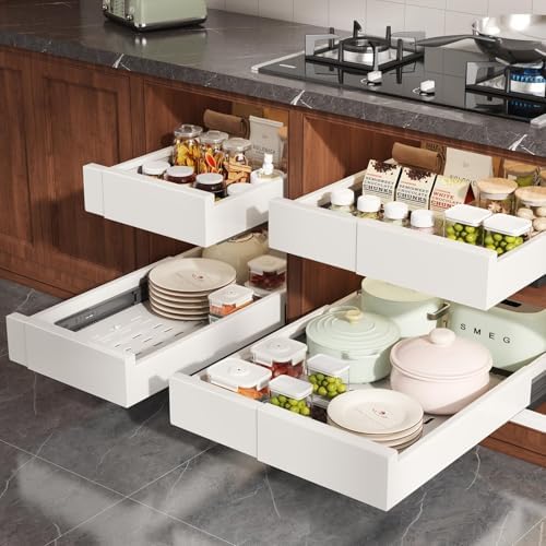 Seinloes Pull Out Cabinet Organizer,4-Side Expandable to Maximize Cabinet Space,Slide Out Drawers with 3 Rail Design,Roll Out Shelf with Raising Pad for Framed Cabinet,11"-16"W x 17"-24"D,White,2 Pack