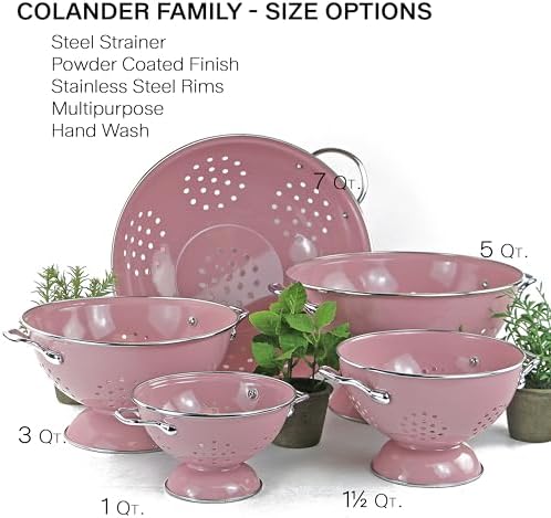 Reston Lloyd, 3 Quart Powder Coated Steel Kitchen Strainer Basket for draining Pasta, Vegetable and Fruit, Chrome Handles and Wide Stable Base, Pink